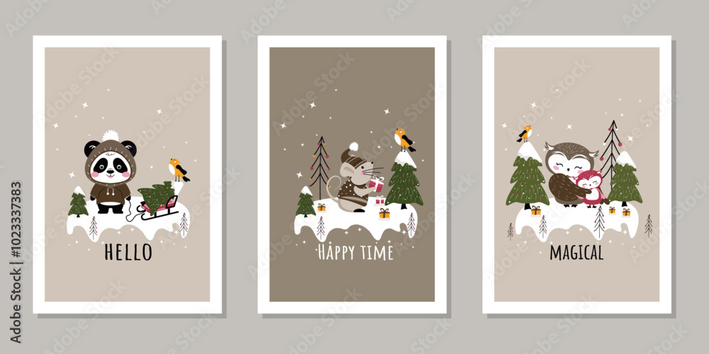 Fototapeta premium A set of festive vector illustrations with cute animals in a magical winter forest and inscriptions for backgrounds, postcards, covers, banners and more.