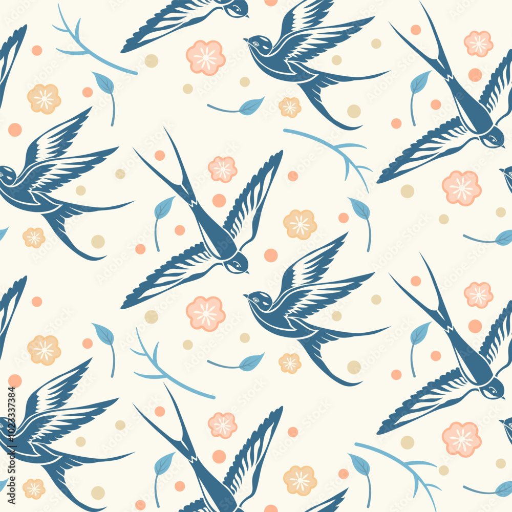 swallow fabric pattern silhouettes style with Flowers bloom 