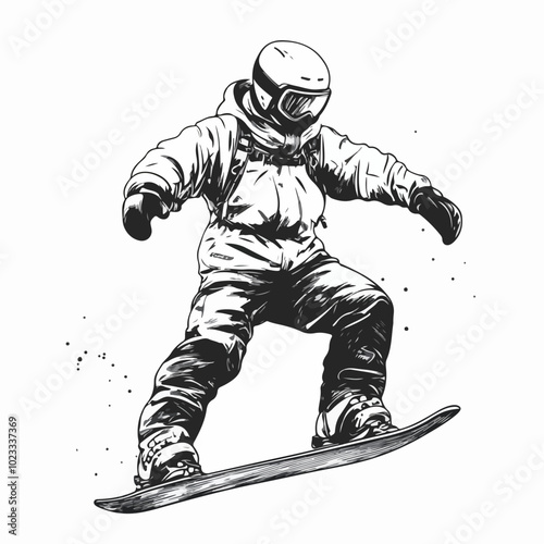 Black and white illustration of snowboarding concept. Extreme. Snowboarder.