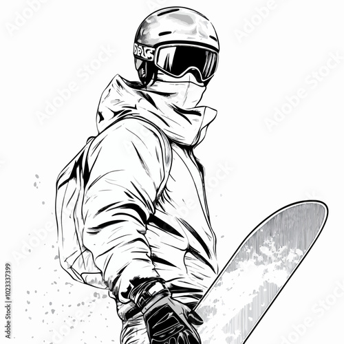 Black and white illustration of snowboarding concept. Extreme. Snowboarder.