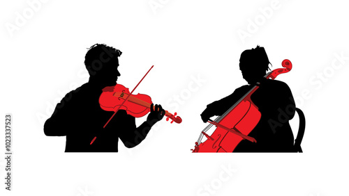 Woman cellist playing cello duet with violin man vector silhouette illustration isolated. Music artist duo girl and boy string instrument. Jazz lady performer. Musician play cello. Classic music event