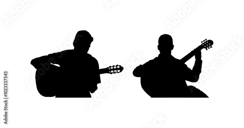 Acoustic duet man playing guitar vector silhouette illustration isolated. Classic music concert performer. Musician artist amusement. Virtuoso guitar duo. Teamwork art boys play string instrument.