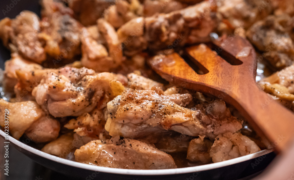 Pieces of chicken in the pan. Preparing dinner concept. Chicken in the pan while frying Pieces of chicken in the pan. Preparing dinner concept. Chicken in the pan while frying