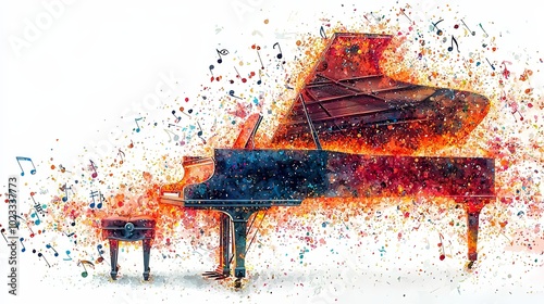 A lively scene with a grand piano and an explosive burst of colorful musical notes captures the energy and dynamic nature of musical expression and creativity. photo