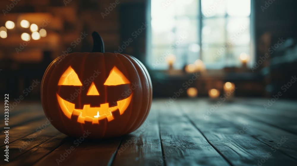 Fototapeta premium A glowing Halloween pumpkin with a mischievous grin sits on a rustic wooden floor, surrounded by soft candlelight and a cozy atmosphere.