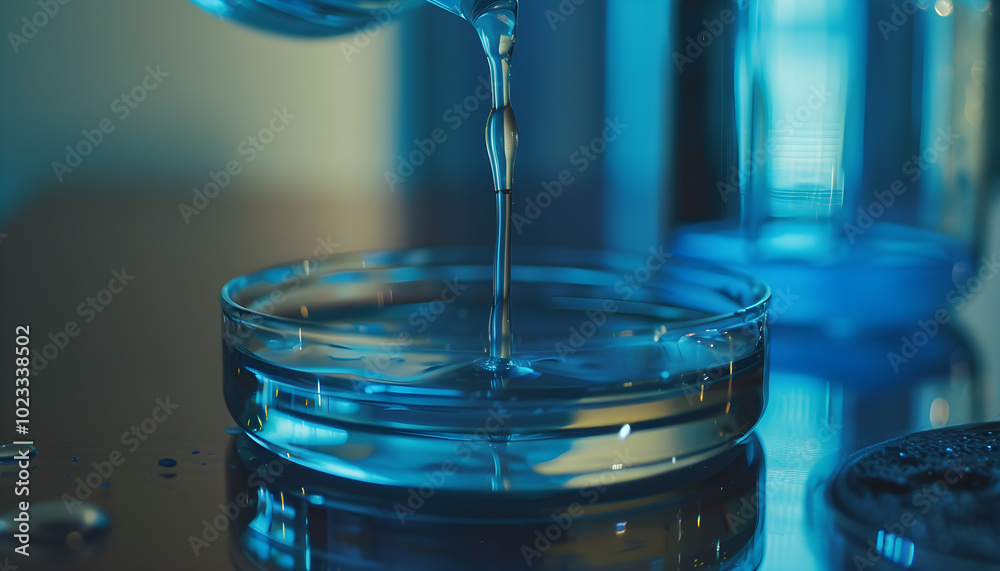Dripping reagent into Petri dish with sample on table, toned in blue Dripping reagent into Petri dish with sample on table, toned in blue