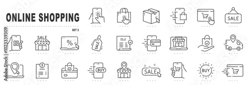 Set of online shopping related line icons. Commerce, payment, buy, shop, delivery, cart etc. Editable stroke. Set 2