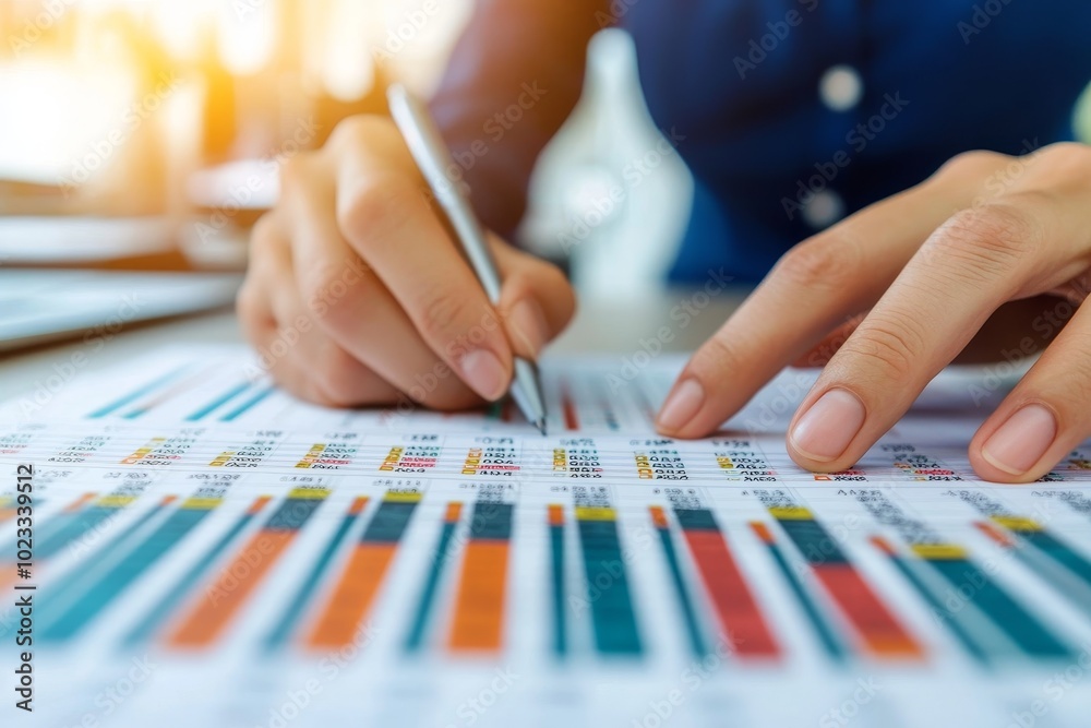 Person analyzing financial data with charts and graphs. Person analyzing financial data with charts and graphs.