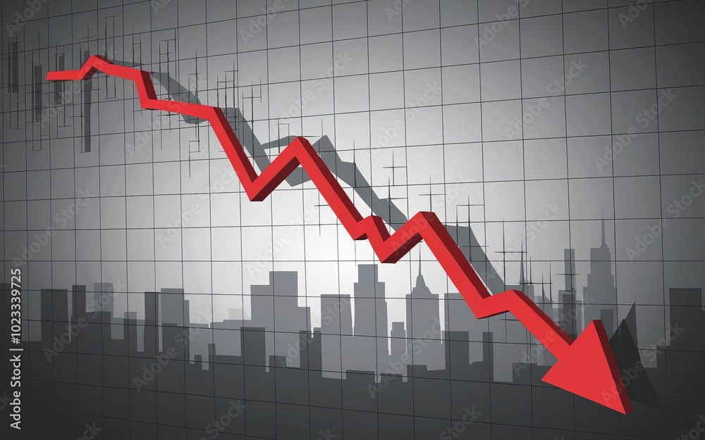 Red arrow indicating decline on stock market graph background Red arrow indicating decline on stock market graph background