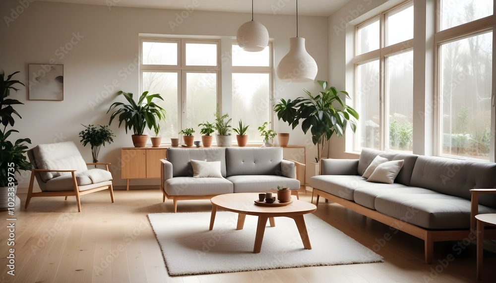 a Scandinavian home interior featuring minimalist furniture in natural wood tones, large windows allowing ample daylight, a cozy seating area with a light grey sofa, a textured white rug on a wooden f a Scandinavian home interior featuring minimalist furniture in natural wood tones, large windows allowing ample daylight, a cozy seating area with a light grey sofa, a textured white rug on a wooden f