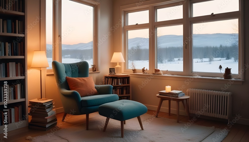 Fototapeta premium a Scandinavian home interior featuring minimalist furniture in natural wood tones, large windows allowing ample daylight, a cozy seating area with a light grey sofa, a textured white rug on a wooden f