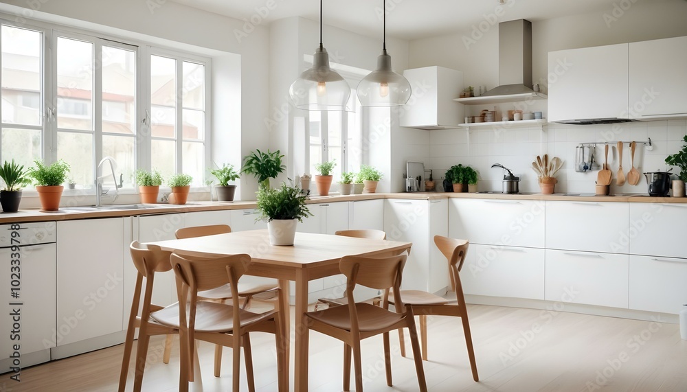 custom made wallpaper toronto digitala Scandinavian home interior featuring minimalist furniture in natural wood tones, large windows allowing ample daylight, a cozy seating area with a light grey sofa, a textured white rug on a wooden f