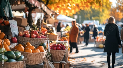  outdoor market in October, with fresh produce like pumpkins and squash, straw baskets overflowing with apples