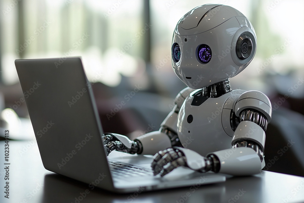 robot is sitting at a table with a laptop, typing on the keyboard. The robot has a human-like appearance and is wearing a white suit. The scene is set in a restaurant or cafe, with chairs robot is sitting at a table with a laptop, typing on the keyboard. The robot has a human-like appearance and is wearing a white suit. The scene is set in a restaurant or cafe, with chairs