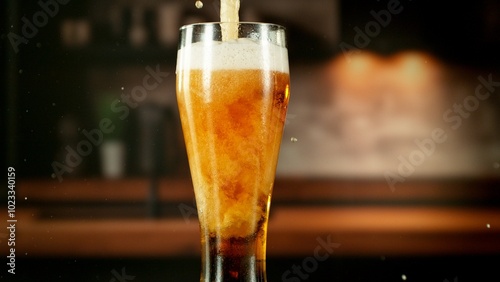 Close-up of beer pouring into pint , freeze motion.