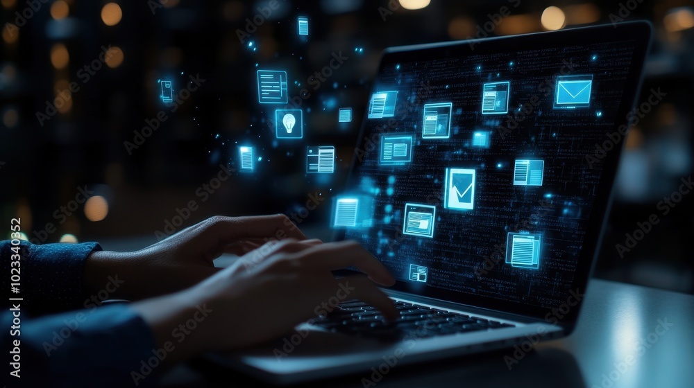 Person using a laptop with glowing digital icons and code. Person using a laptop with glowing digital icons and code.