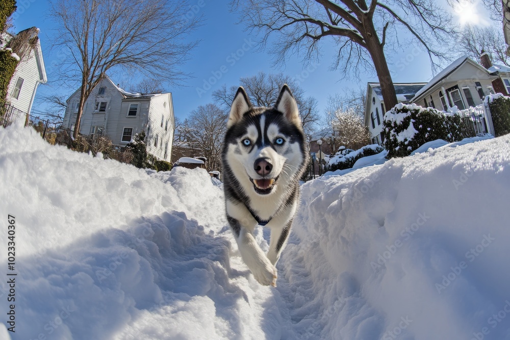 Siberian husky with blue eyes walks in the snow while the evening sky is in the background Siberian husky with blue eyes walks in the snow while the evening sky is in the background