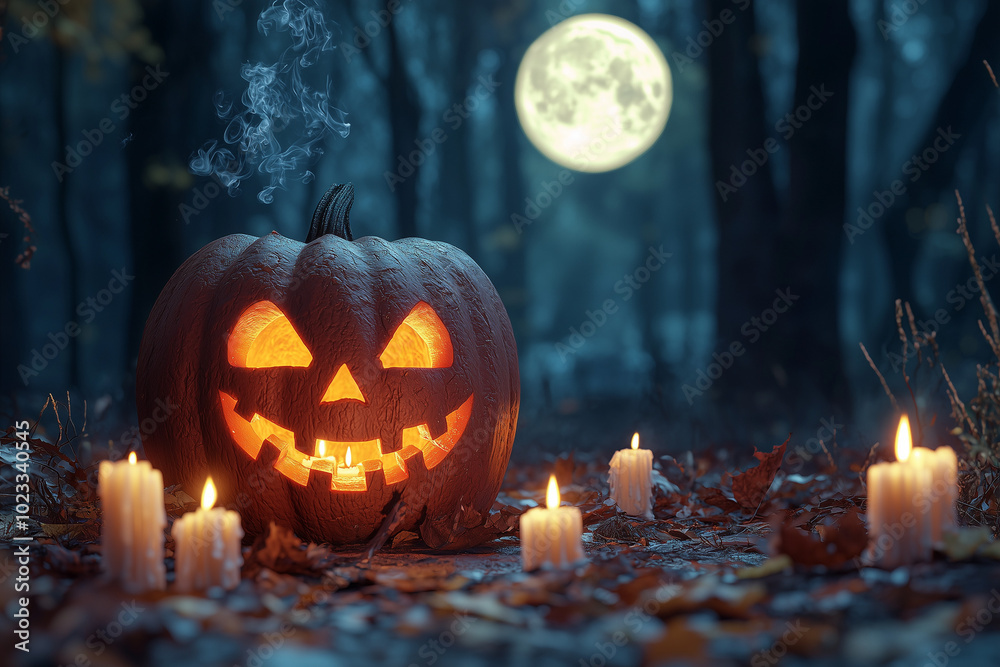 Spooky Halloween Pumpkin with Candles in the Forest Spooky Halloween Pumpkin with Candles in the Forest