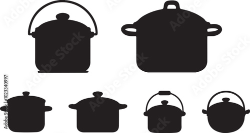 set of kitchen cooking pot icon silhouette design vector art illustration