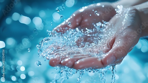 A close-up of hands catching droplets of clear water, creating a serene and refreshing image that highlights the beauty of nature.