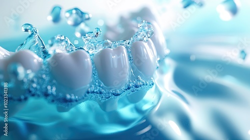 3D rendering of mouthwash swirling around teeth, actively removing bacteria and enhancing oral health, with a clean, fresh glow effect. photo