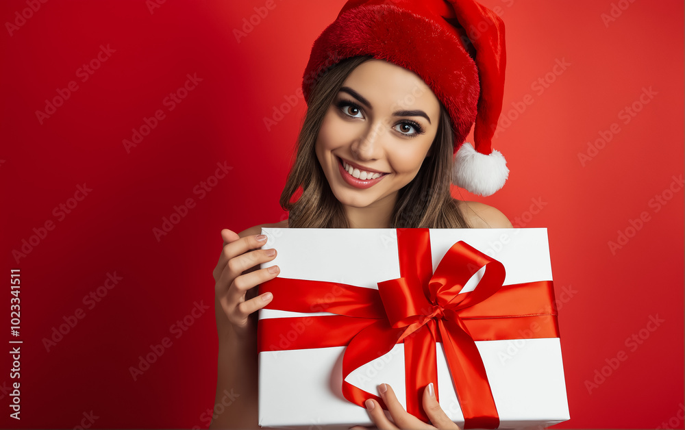 Portrait of a young attractive woman in a red Santa Claus hat with a large box decorated with a red bow with a gift in her hands. Christmas gifts. New Year card Portrait of a young attractive woman in a red Santa Claus hat with a large box decorated with a red bow with a gift in her hands. Christmas gifts. New Year card