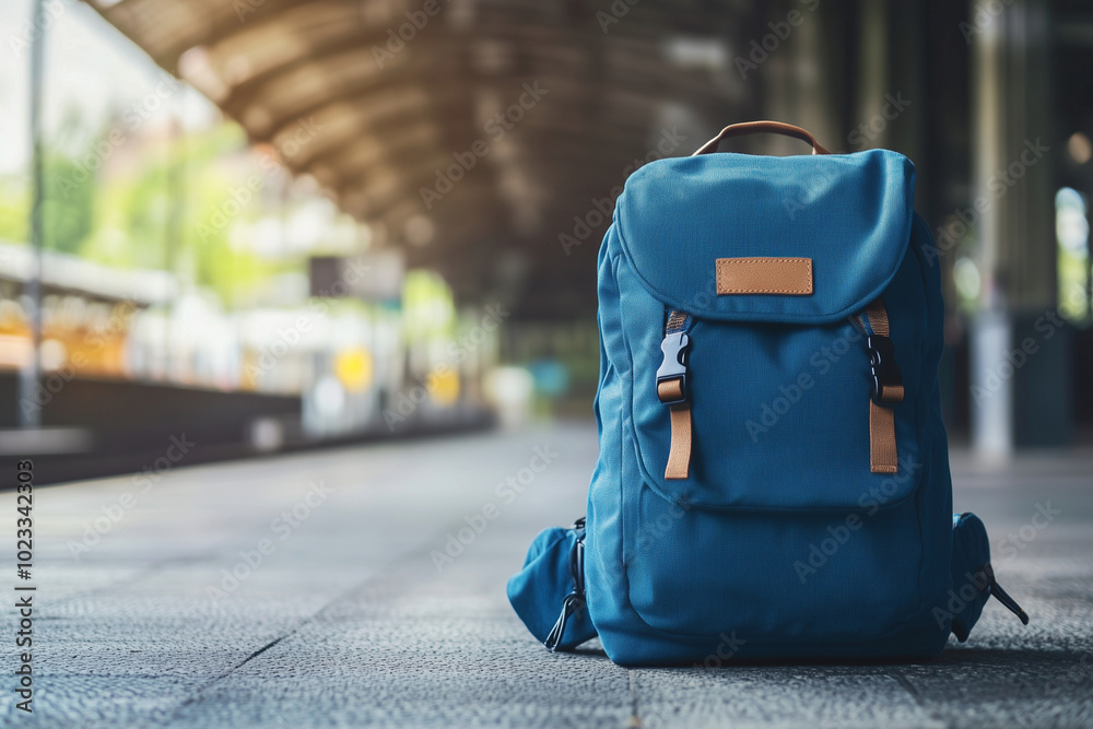 Obraz premium blue backpack is sitting on a train platform. The backpack is empty and the train is not in motion. The scene is quiet and peaceful, with no people around