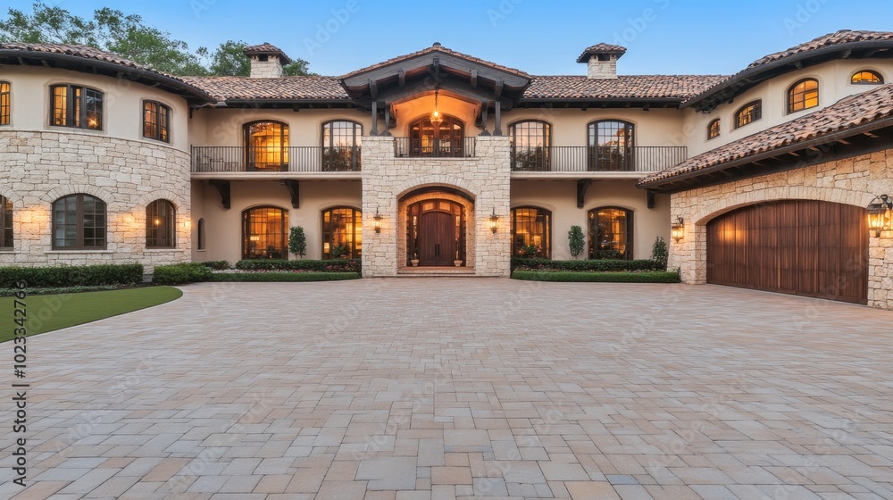 This striking double story house showcases a cricket theme with beige stone walls, wooden windows, and detailed carvings, illuminated softly at twilight This striking double story house showcases a cricket theme with beige stone walls, wooden windows, and detailed carvings, illuminated softly at twilight