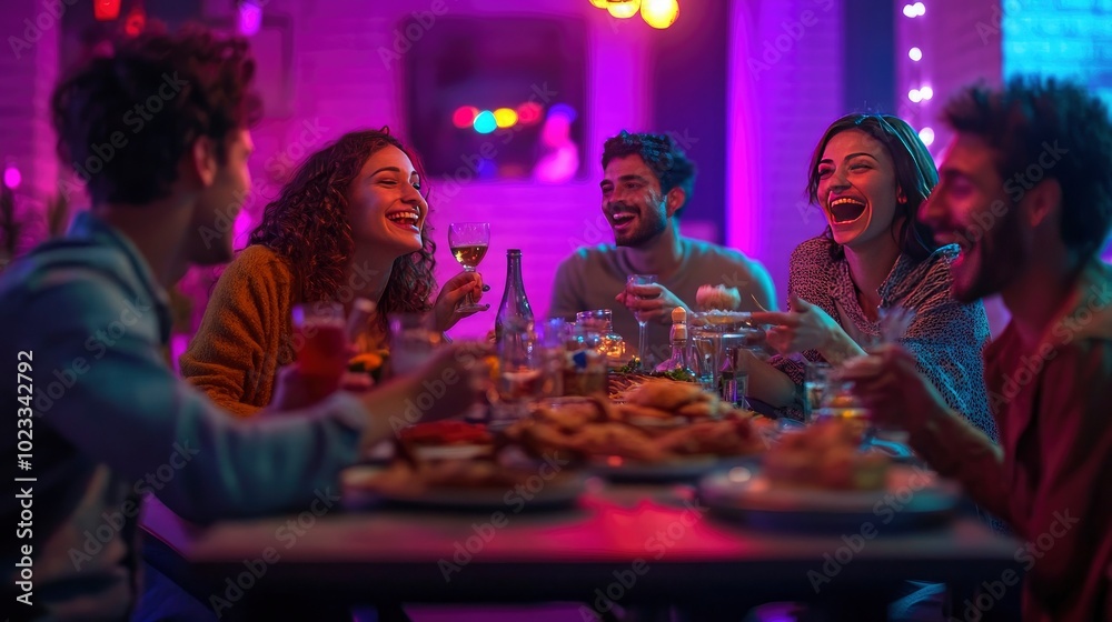 Friends celebrating with a lively game night, filled with laughter and a table full of snacks. Friends celebrating with a lively game night, filled with laughter and a table full of snacks.
