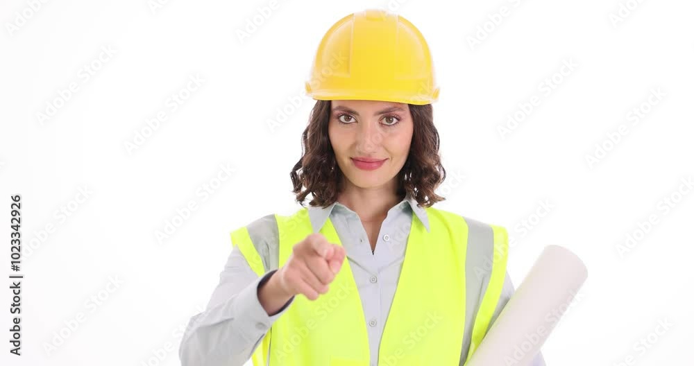 Architect woman holds blueprints roll making Call Me gesture on white. Cheerful female engineer in uniform communicates with co-worker at work Architect woman holds blueprints roll making Call Me gesture on white. Cheerful female engineer in uniform communicates with co-worker at work