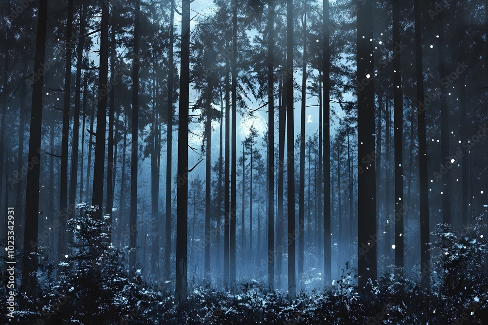 Eerie Blue Moonlight Illuminates a Dense Forest Eerie Blue Moonlight Illuminates a Dense Forest