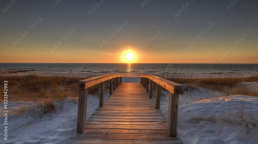 Fototapeta premium A tranquil wooden walkway approaches the beach as the sun sets, casting warm hues over the ocean and highlighting the grassy dunes