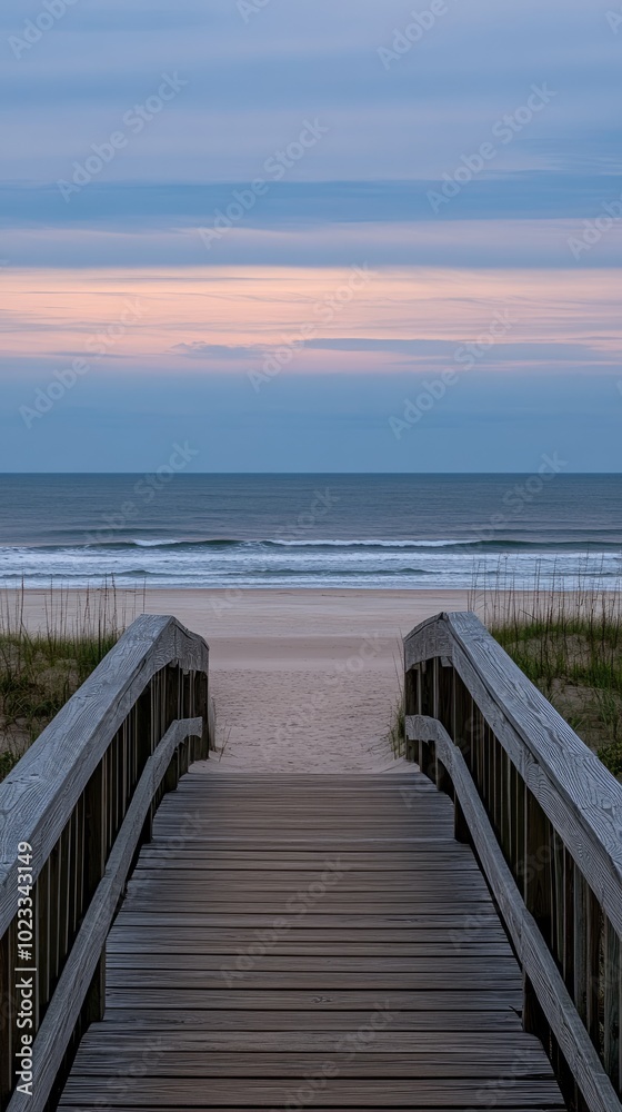 Fototapeta premium A tranquil wooden walkway approaches the beach as the sun sets, casting warm hues over the ocean and highlighting the grassy dunes