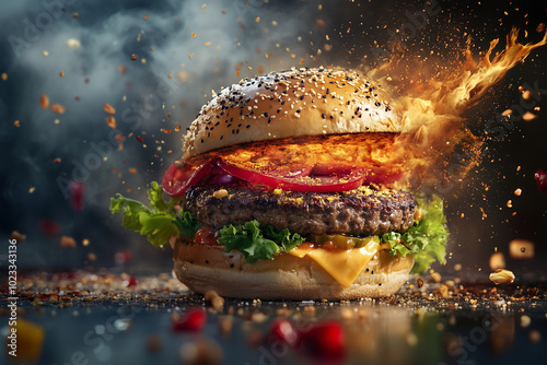 burger with a fire on top of it. The burger is on a table with a lot of debris around it photo