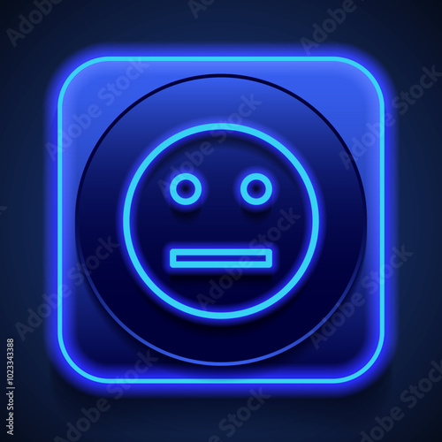 Smile simple icon vector. Flat design. Blue neon style on button. With shadow