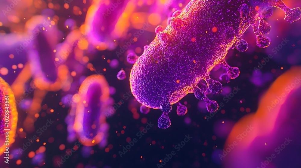 A vibrant, close-up view of colorful bacteria, showcasing intricate details and a dynamic background of glowing particles. A vibrant, close-up view of colorful bacteria, showcasing intricate details and a dynamic background of glowing particles.