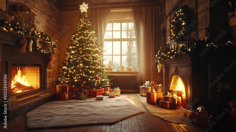 Fototapeta premium A Christmas interior with a glowing tree, crackling fireplace, and beautifully wrapped gifts, creating a warm and magical holiday