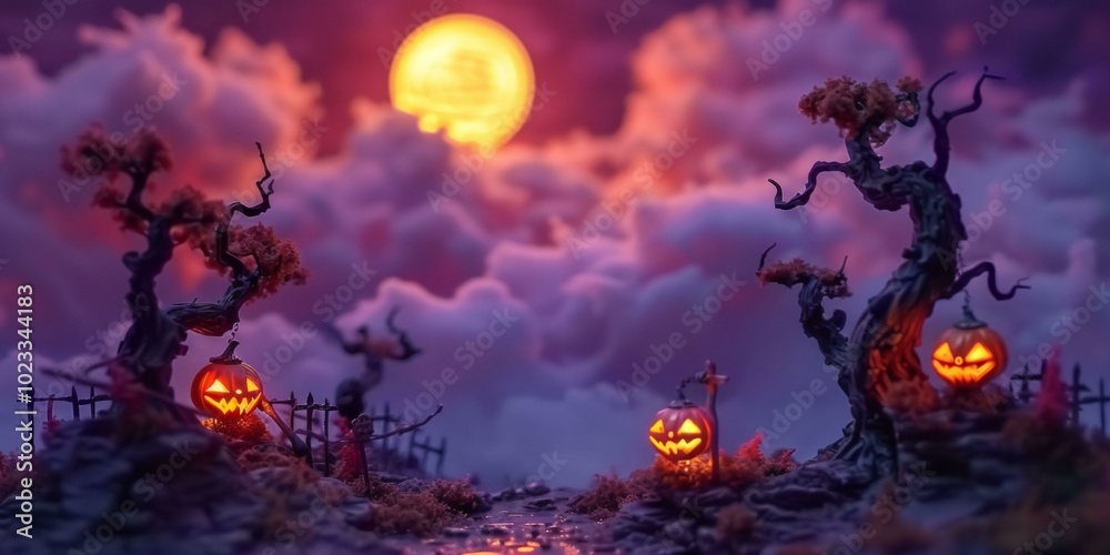 Spooky Halloween scene featuring glowing jack-o'-lanterns placed near twisted, gnarled trees under full moon, vibrant clouds create haunting atmosphere, perfect for festive season greeting.