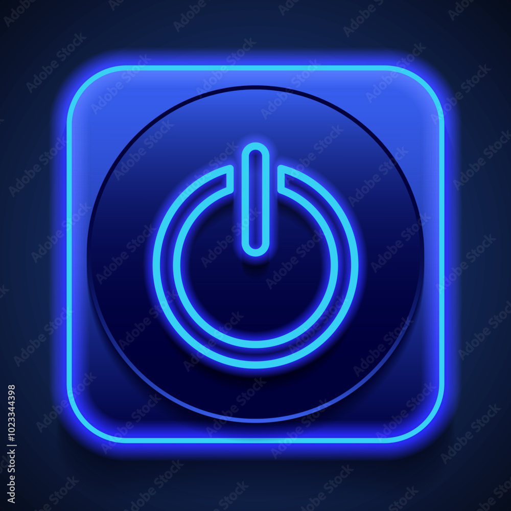 Shut down simple icon vector. Flat design. Blue neon style on button. With shadow Shut down simple icon vector. Flat design. Blue neon style on button. With shadow