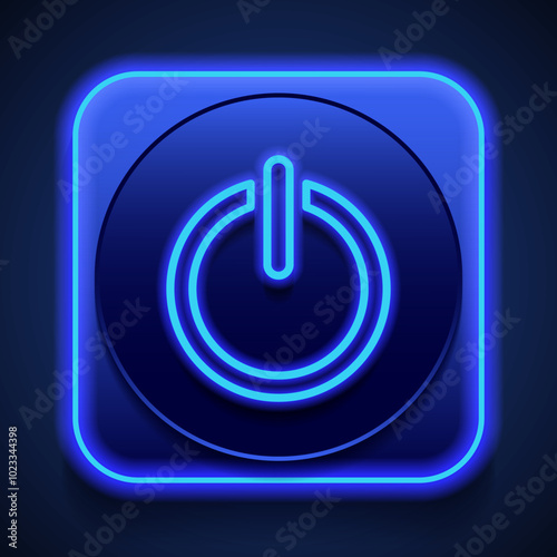 Shut down simple icon vector. Flat design. Blue neon style on button. With shadow