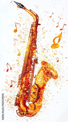 A fiery saxophone enveloped in musical notes with a warm orange glow, conveying passion and creativity in a striking abstract artistic expression. photo