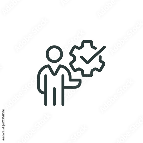 Business presentation, learning meeting, training lesson outline icon. Line sign man holding gear, cogwheel. Vector isolated pictogram for web and app on white background editable stroke.