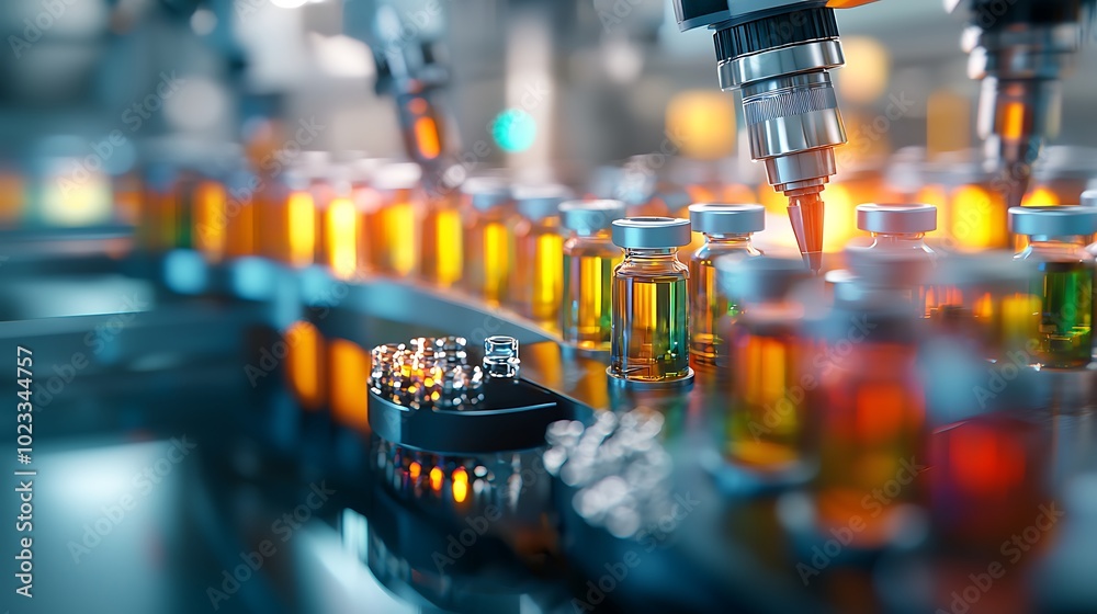 A close-up view of automated machinery filling colorful vials with liquid, showcasing a high-tech pharmaceutical manufacturing process. A close-up view of automated machinery filling colorful vials with liquid, showcasing a high-tech pharmaceutical manufacturing process.