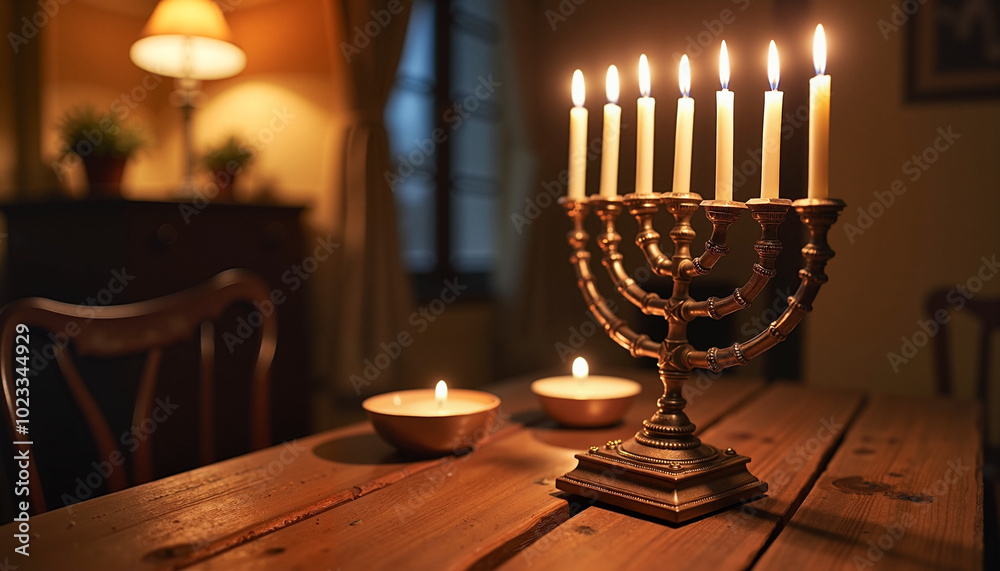Lit menorah with candles glowing on wooden table in cozy dining room
Lit menorah with candles glowing on wooden table in cozy dining room