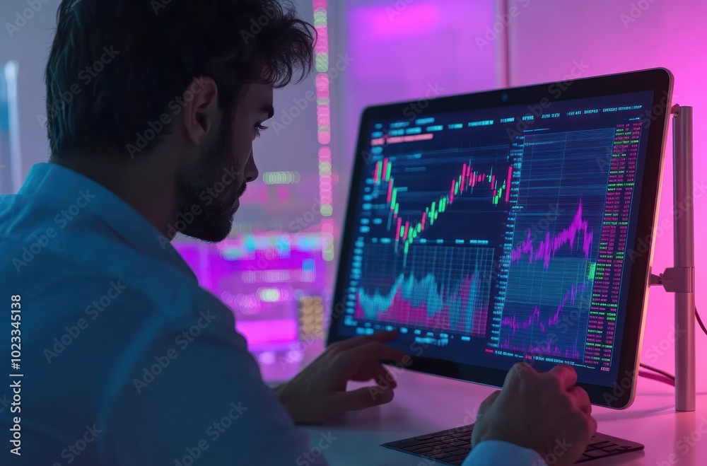 Young professional studies vibrant stock market data.