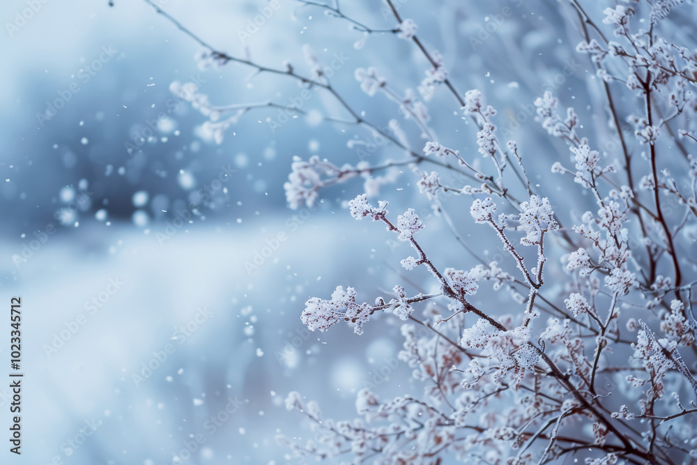 Snow-covered branches in a tranquil winter landscape filled with falling snowflakes