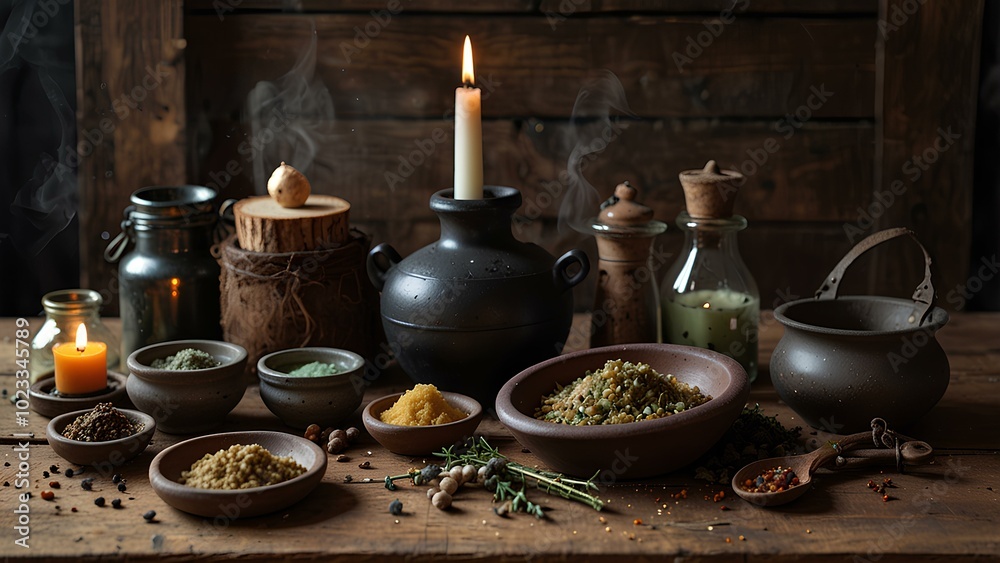 Witch's Potion Ingredients: Dried Herbs, Candles, and Bubbling Cauldron on a Wooden Table Witch's Potion Ingredients: Dried Herbs, Candles, and Bubbling Cauldron on a Wooden Table