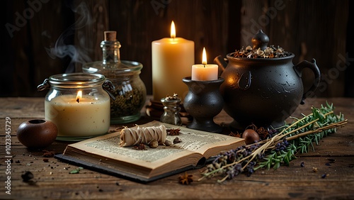 Witch's Potion Ingredients: Dried Herbs, Candles, and Bubbling Cauldron on a Wooden Table photo