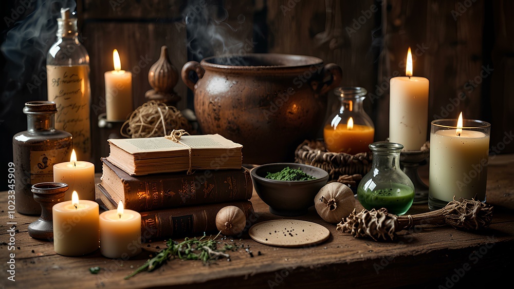 Witch's Potion Ingredients: Dried Herbs, Candles, and Bubbling Cauldron on a Wooden Table Witch's Potion Ingredients: Dried Herbs, Candles, and Bubbling Cauldron on a Wooden Table