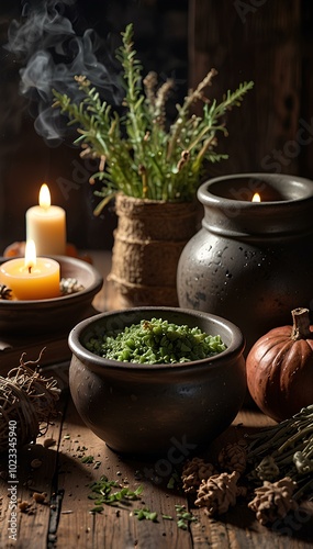 Witch's Potion Ingredients: Dried Herbs, Candles, and Bubbling Cauldron on a Wooden Table photo